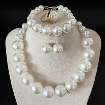 Chunky Beaded Jewelry Set, Necklace Earrings Bracelet Ring for Women Party | Simulated pearl jewelry set, necklace earrings bracelet & ring. Elegant chunky beaded, ideal gift for wedding and daily wear. - color: White