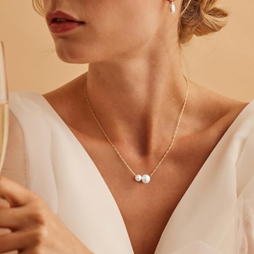 Gold Pearl Necklaces for Women Trendy, Fashionable 18K Gold Plated Dainty Necklace Simple Layered Pearl Necklaces for Women Trendy Wedding Birthday Jewelry - color: 2 Pearls