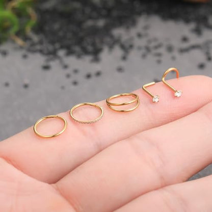 Xpircn 5pcs Hoop Nose Rings and L Shaped Nose Rings Stud Set 18G/20G Stainless Steel CZ Helix Conch Daith Tragus Cartilage Hoop Earrings for Women 6mm 7mm 8mm 10mm - color: Gold, size: 20G, 8mm hoop & 7mm studs
