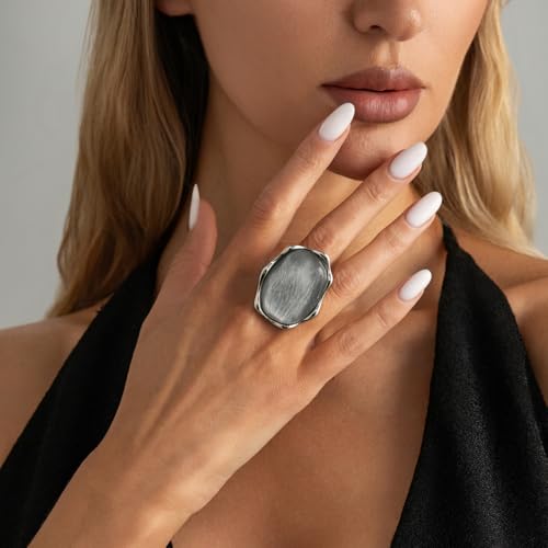 Irregular Large Resin Open Statement Rings for Women Boho Chunky Oval Finger Charm Ring Adjustable Geometric Enamel Teardrop Cocktail Ring Jewelry - color: Grey