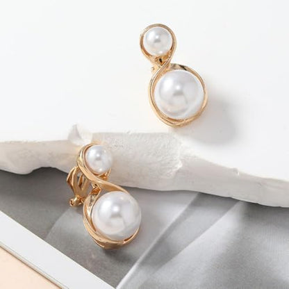Simulated Pearl Clip On Stud Earrings - style: Double Pearls