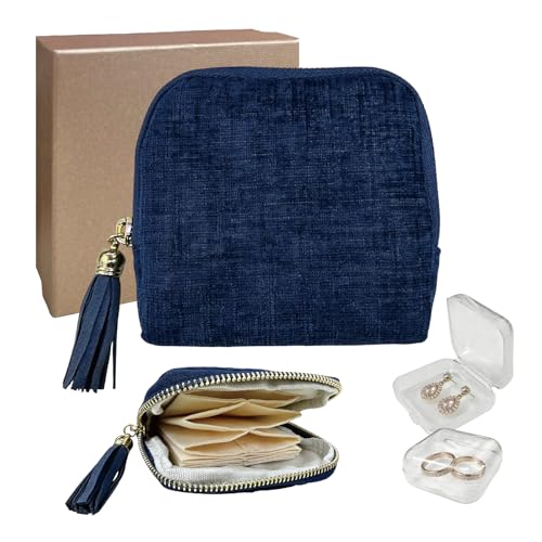 Small Travel Jewelry Case with Earring Box Mini Jewelry Case | 6 Individual Layers Portable Chenille Travel Jewelry Organizer Pouch for Bangle Necklace Bracelet, Gifts for Women, Navy Blue - color: Navy Blue
