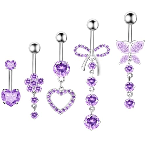 BSJ4U Belly Button Ring Dangle Navel Belly Piercing Jewelry Cute Pink CZ Heart Butterfly Bow Flower Navel Belly Rings for Women 14G Silver Stainless Steel Dainty Dangly Dangling Belly Button Piercing - color: Purple CZ Belly Button Rings