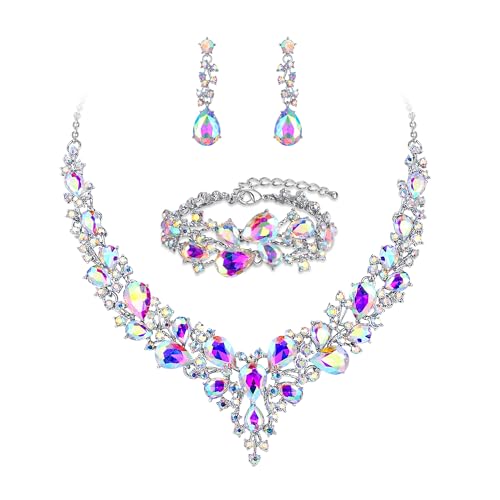 Wedding Bridal Jewelry Set for Women Bride Bridesmaids | Gorgeous Austrian Crystal Teardrop Cluster Statement Necklace Dangle Earrings Link Bracelet Set Prom Jewellery - color: 10-Iridescent AB Silver-Tone