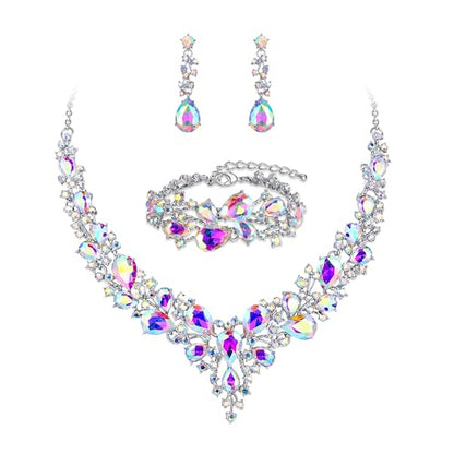 Wedding Bridal Jewelry Set for Women Bride Bridesmaids | Gorgeous Austrian Crystal Teardrop Cluster Statement Necklace Dangle Earrings Link Bracelet Set Prom Jewellery - color: 10-Iridescent AB Silver-Tone
