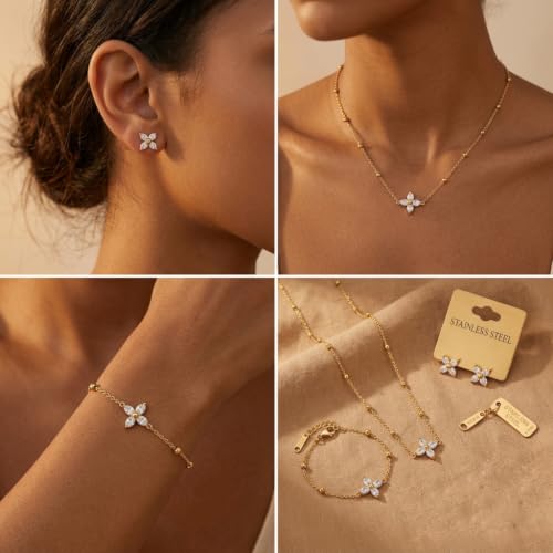 14K Gold Plated Crystal Jewelry set Cubic Zirconia Dainty Choker Necklace Earrings Stud Gold Necklaces for Women - color: Clover