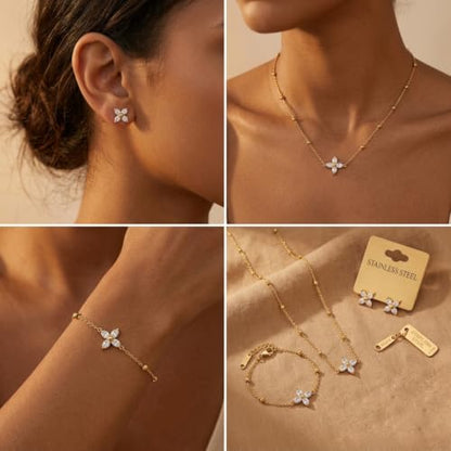 14K Gold Plated Crystal Jewelry set Cubic Zirconia Dainty Choker Necklace Earrings Stud Gold Necklaces for Women - color: Clover