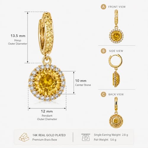 14K Gold Plated Hoop Dangle Earrings for Women, Hypoallergenic Colorful Cubic Zirconia Drop Earrings, Lightweight Huggie Earrings for Women - color: Gold/Citrine Yellow