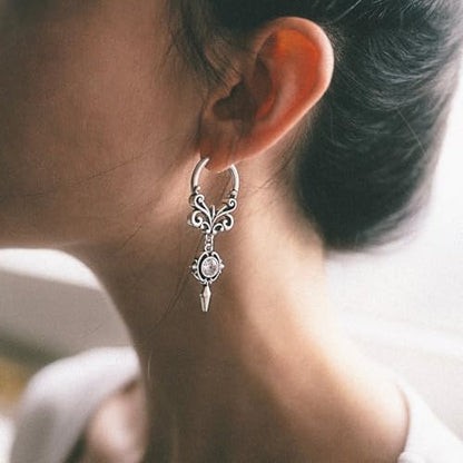 PUNKYOUTH Gothic Crest Dangle Drop Hoop Earrings Dark Alternative Piercing Jewelry 18G 1mm Antique Finish Ornate Scroll Cubic Zirconia Spike Statement Everyday Wear Accessories For Women Men - color: Crest earring-Silver