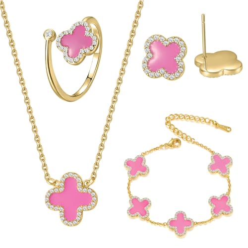 Qitian Clover Bracelet for Women 18K Gold Four Leaf Pink Lucky Link Clover Bracelets, Trendy Bracelets Set Jewelry Gifts for Women - color: I-Pink Set