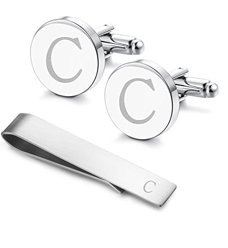 Initial Cuff Links Mens and Tie Clips for Men | Classic Silver Letter Alphabet A-Z Cufflinks and Tie Bar Set, Gifts for Men Father Husband for Formal Business Wedding - style: C