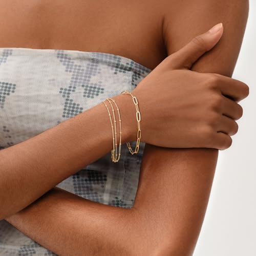 MEVECCO Dainty Chain Bracelets for Women, Layered and Charm Styles | 14K Gold Plated Brass, Select Cubic Zirconia Accents, Single and Multi-Row Structures for Refined Everyday Wristwear - style: 3 Layer Satellite Chain Gold