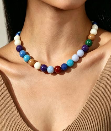 Chunky Beaded Necklace for Women 16mm Round Bead Resin Modern Statement Necklace Jewelry Accessories - color: colorful 03