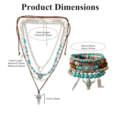 Western Jewelry Sets for Women Boho Jewelry, Layer Bohemian Necklace Earrings Bracelet, Cowgirl Accessory Rodeo Summer Beach - color: Blue,Brown