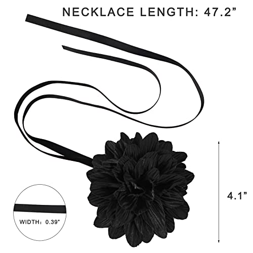 Black Choker Camellia Flower Lace-up Necklace For Women - color: Large black flower