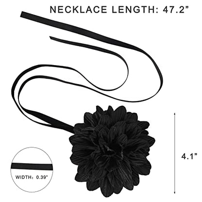 Black Choker Camellia Flower Lace-up Necklace For Women - color: Large black flower
