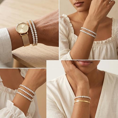 925 Sterling Silver Bracelets for Women Stack, Trendy Tennis Bangle Cuff Jewelry Set 14K Gold Plated, Adjustable Bracelet Set for Wrist Essentials, Women Fashion Watch Band Acecessories - style: Bracelet_3pcs(Gold Tennis Set 4mm)