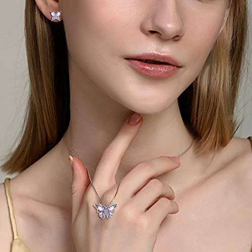 925 Sterling Silver Birthstone Butterfly Jewelry Women Crystal Animal Cute Butterflies Birthday Necklace/Earring/Ring/Bracelet Sets Birth Stone Statement Anniversary Jewellery - color: 1-F.June-Alexandrite