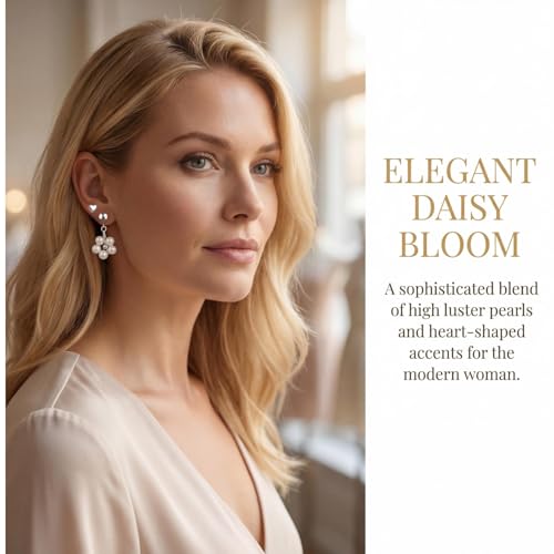 Hypoallergenic Pearl Earrings Set for Women | S925 Sterling Silver & Stainless Steel, Daisy Heart & Hook & Teardrop Dangle & Huggie Hoop, Simulated Pearl, Sensitive Ears - color: White Gold Heart Flower