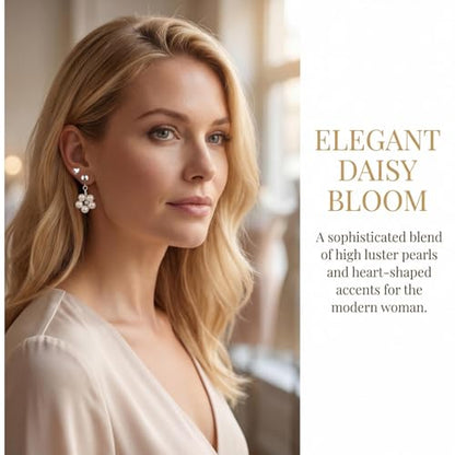 Hypoallergenic Pearl Earrings Set for Women | S925 Sterling Silver & Stainless Steel, Daisy Heart & Hook & Teardrop Dangle & Huggie Hoop, Simulated Pearl, Sensitive Ears - color: White Gold Heart Flower