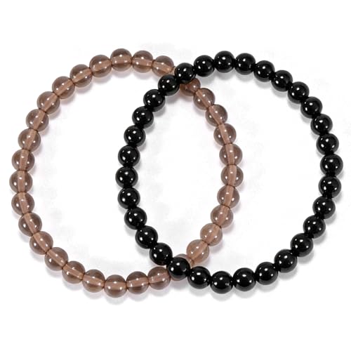 2PCS Agate Bracelet for Women Men Natural Round Beaded Agates Stone Healing Stretch Bracelets Elastic Handmade Polished Gemstone Beads Bracelet - color: Grey+Black, size: 6mm Beads