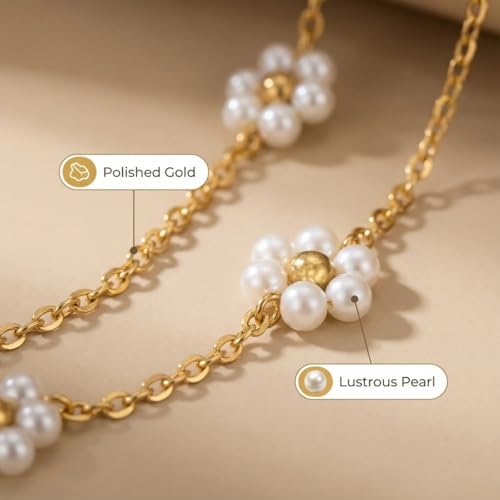 Daisy Pearl Jewelry Set for Women, 14K Gold Plated Stainless Steel Necklace Bracelet Earring 3 Piece Set, Dainty Pearl Choker Flower Necklace Birthday Gift for Her - color: Gold Pearl White