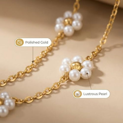 Daisy Pearl Jewelry Set for Women, 14K Gold Plated Stainless Steel Necklace Bracelet Earring 3 Piece Set, Dainty Pearl Choker Flower Necklace Birthday Gift for Her - color: Gold Pearl White