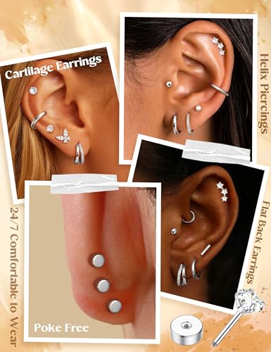 BESTEEL Hypoallergenic Flat Back Earrings - 14K Gold Plated Cartilage Earring Sets 20G Surgical Stainless Steel Earrings for Women Small Hoop Flatback Stud Earring Stacks Helix Conch Tragus Piercing Jewelry - color: Silver Plated