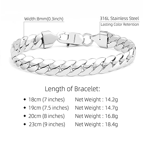 CaptainSteeL Cuban Bracelet for Men Stainless Steel Chain Link Bracelet | 8mm Width,7/7.5/8/9 Inch Length, Silver/18K Gold Plated,Men Bracelet,Waterproof Bracelet,Bithday ,Christmas gift - color: Dense Chain SteeL, size: 9in