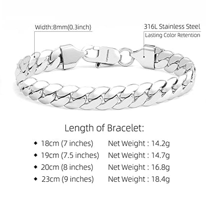 CaptainSteeL Cuban Bracelet for Men Stainless Steel Chain Link Bracelet | 8mm Width,7/7.5/8/9 Inch Length, Silver/18K Gold Plated,Men Bracelet,Waterproof Bracelet,Bithday ,Christmas gift - color: Dense Chain SteeL, size: 9in