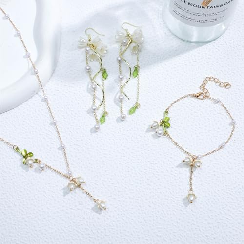 NEWITIN 4 Pieces Flower Jewelry Set for Women Fashion Costume Jewels Pink Flower Dangle Earrings Necklace Floral Beads Bracelet Gold Jewelry Set for Women - color: White Flower Jewelry Set
