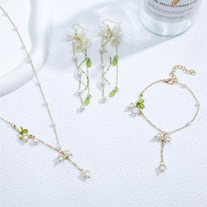 NEWITIN 4 Pieces Flower Jewelry Set for Women Fashion Costume Jewels Pink Flower Dangle Earrings Necklace Floral Beads Bracelet Gold Jewelry Set for Women - color: White Flower Jewelry Set