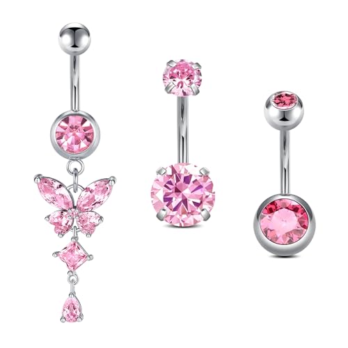 QWALIT Belly Button Rings 14G Surgical Steel Belly Rings CZ Opal Navel Piercing Jewelry for Women Girls 3/8" 10mm Silver Rose Gold - color: A12-pink silver 3pcs