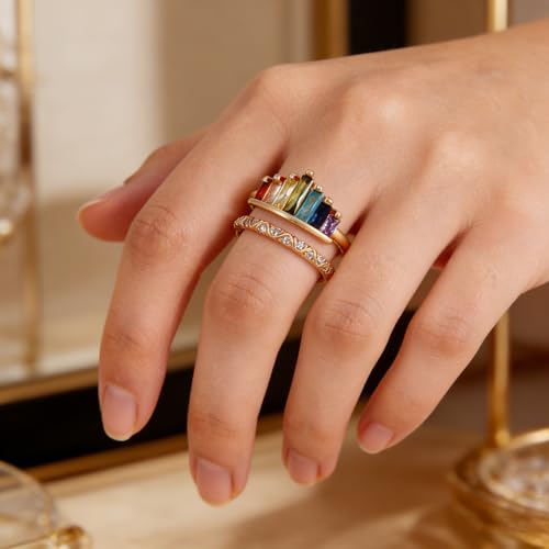 MALOYANVE Rhinestone Crown Open Ring for Women, Colorful Crystal Cubic Zirconia, Rainbow, Adjustable, Elegant Princess Queen Statement Promise Wedding Jewelry - color: Rose Gold