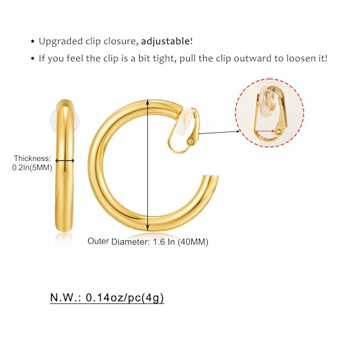 WOWORAMA Chunky Gold Hoop Clip On Earrings for Women | Large Chunky Hoops Clips Earrings, Polished Gold-Plated Clip-On Hoops, Statement Non Pierced Jewelry - color: 30mm Flat Hoops
