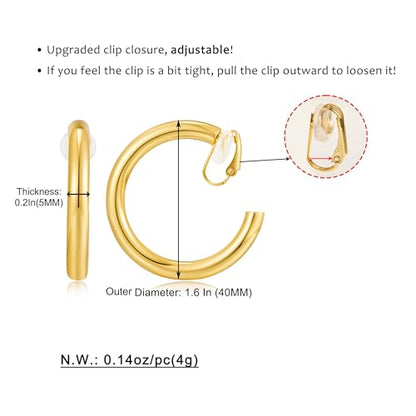 WOWORAMA Chunky Gold Hoop Clip On Earrings for Women | Large Chunky Hoops Clips Earrings, Polished Gold-Plated Clip-On Hoops, Statement Non Pierced Jewelry - color: 40mm Twisted Hoops