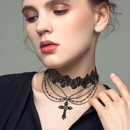 Black Lace Choker Gothic Cross Necklace Zinc Alloy Black Cross Pendant Layered Beads Necklace Halloween Punk Goth Jewelry Gift for Women