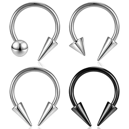 16G Spike Septum Rings Horseshoe Nose Rings, Stainless Steel Daith Helix Tragus Cartilage Earrings Hoop, Rook Lobe Lip Piercing for Women Men - color: Hoops:12mm