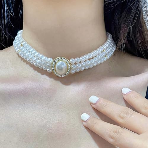 BABEYOND Round Imitation Pearl Choker Necklace Multi Strands Choker 20s Flapper Necklace Accessories for Gatsby Themed Party - style: 3-layer-4