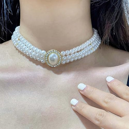 BABEYOND Round Imitation Pearl Choker Necklace Multi Strands Choker 20s Flapper Necklace Accessories for Gatsby Themed Party - style: 3-layer-4