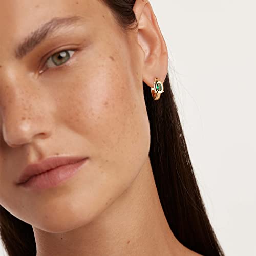Huggie Hoop Earrings 14K Gold Plated Cubic Zirconia Dainty Simple Cute Beads Elegant CZ Circle Small Hoop Earring for Women Minimalist Handmade Hypoallergenic Jewelry - color: CZ-Oval Green