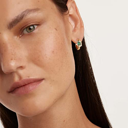 Huggie Hoop Earrings 14K Gold Plated Cubic Zirconia Dainty Simple Cute Beads Elegant CZ Circle Small Hoop Earring for Women Minimalist Handmade Hypoallergenic Jewelry - color: CZ-Oval Green