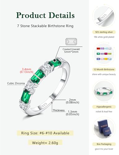 3.5mm Half Eternity Band Sterling Silver Rings for Women Sapphire/Ruby/Emerald and Cz Wedding Bands 7 Stone Stackable Birthstone Ring Anniversary Jewelry Size 6-10 - color: 05-Emerald-May