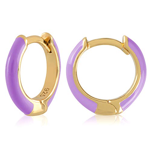 14K Gold Plated Sterling Silver Enamel Color Huggie Hoop Earrings for Women – Wide Range of Vibrant Color Options Available - color: Purple ( Fancy )