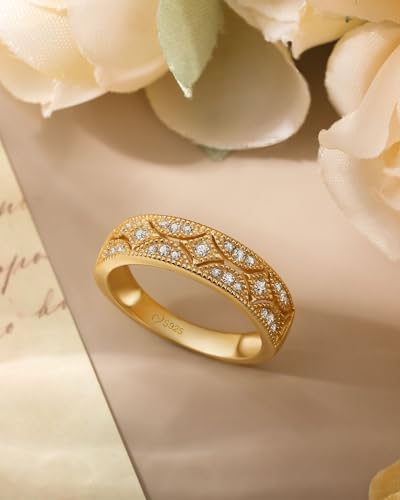 Jeulia Womens Wide Eternity Ring Wedding Band, Milgrain Round Cut 18k White Gold Plated Eternity Band Ring Romantic Birthday Anniversary Jewelry with Gift Box - color: Yellow