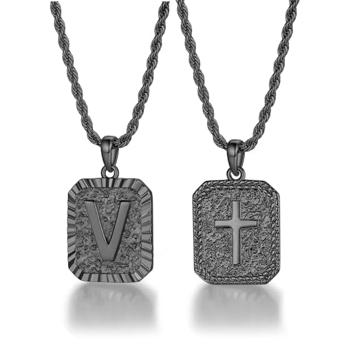 ASUWISH Gold Initial Necklaces for Men and Women, 18K Gold Plated Letter A-Z Cross Pendant with Adjustable Rope Chain, Letter Necklace for Women and Men - color: V, style: Black