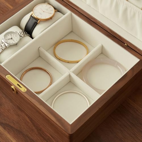 Solid Black Walnut Wood Jewelry Box, With Lock | Velvet Lining, Personalized Ring and Necklace Box, For Women and Girls, Brass Lock and Handle - style: With lock