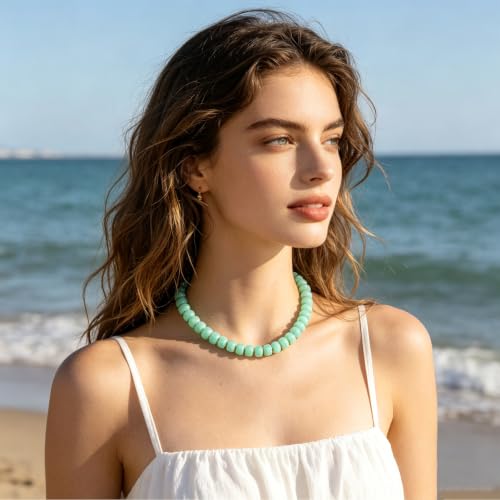 Chunky Heart Necklaces for Women Colorful Resin Beaded Necklaces for Women Gold Puffy Heart Statement Necklace Trendy Acrylic Choker Jewelry Gift - color: B-Mint Green