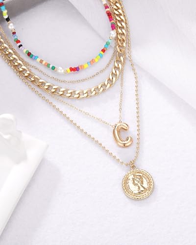 MJartoria Layered Necklaces for Women Trendy Balloon Initial Pendant Necklace Dainty Chunky Chain Beaded Choker Necklaces Jewelry Birthday Gifts - color: Gold, style: C