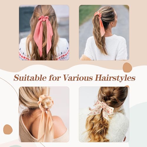 6 PCS Bow Silk Scrunchies, Hair Ties with Bows, Hair Scarf Scrunchies | Knotted Scrunchie Bow for Women, Satin Hair Ribbon Elastic Hair Tie Hair Accessories, Long, Cherry Pink - color: Cherry-Pink
